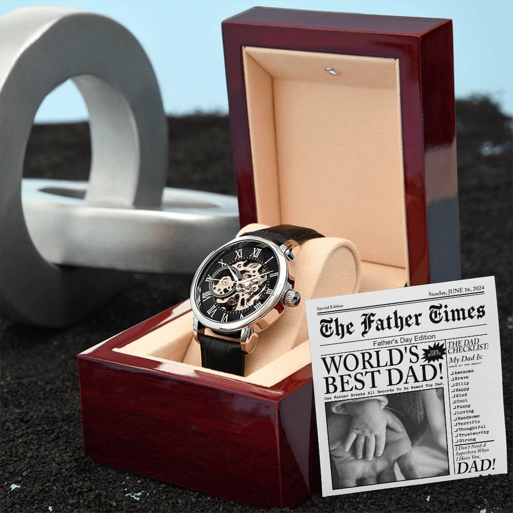 Dad Gift - Headline on The Father Times - World's Best Dad Men's Openwork Watch with Gift Box - Mallard Moon Gift Shop