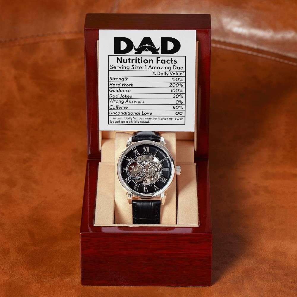 Dad Gift - Nutrition Facts Men's Openwork Watch with Gift Box - Mallard Moon Gift Shop
