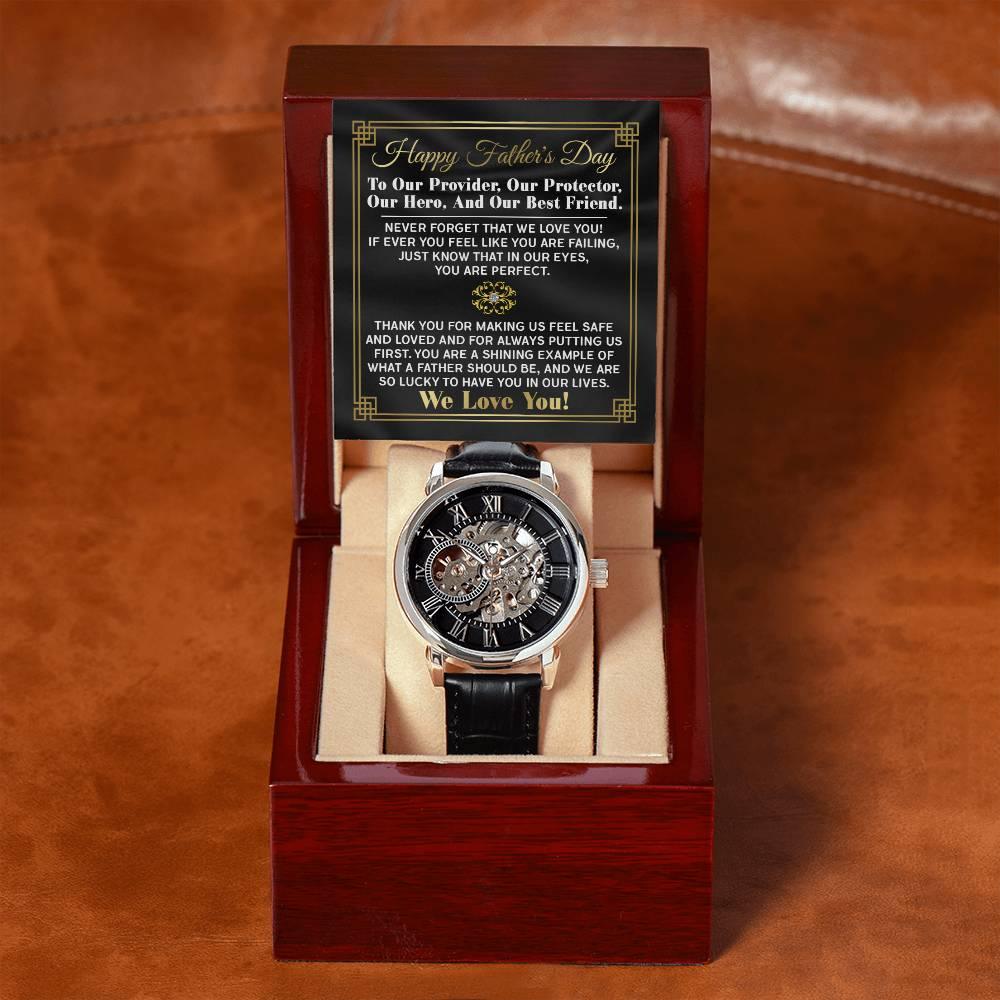 Dad Gift -Our Provider, Protector, Hero, Best Friend Men's Openwork Watch with Gift Box - Mallard Moon Gift Shop