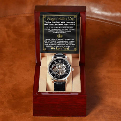 Dad Gift -Our Provider, Protector, Hero, Best Friend Men's Openwork Watch with Gift Box - Mallard Moon Gift Shop