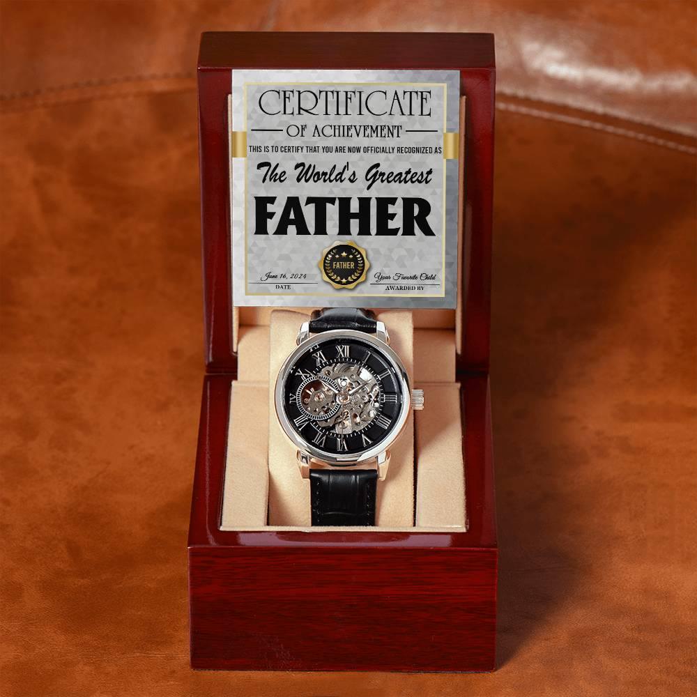 Dad Certificate of Achievement for the World's Greatest Father Men's Openwork Watch with Gift Box - Mallard Moon Gift Shop