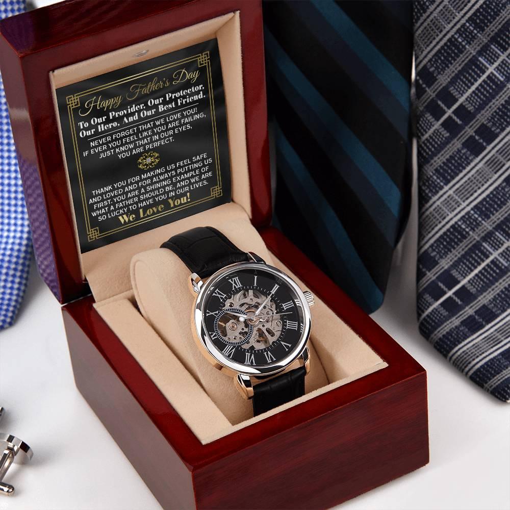 Dad Gift -Our Provider, Protector, Hero, Best Friend Men's Openwork Watch with Gift Box - Mallard Moon Gift Shop