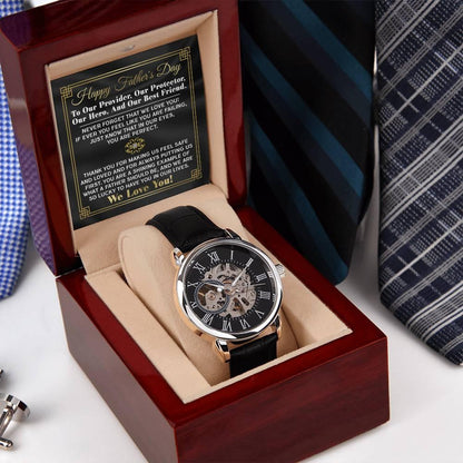 Dad Gift -Our Provider, Protector, Hero, Best Friend Men's Openwork Watch with Gift Box - Mallard Moon Gift Shop
