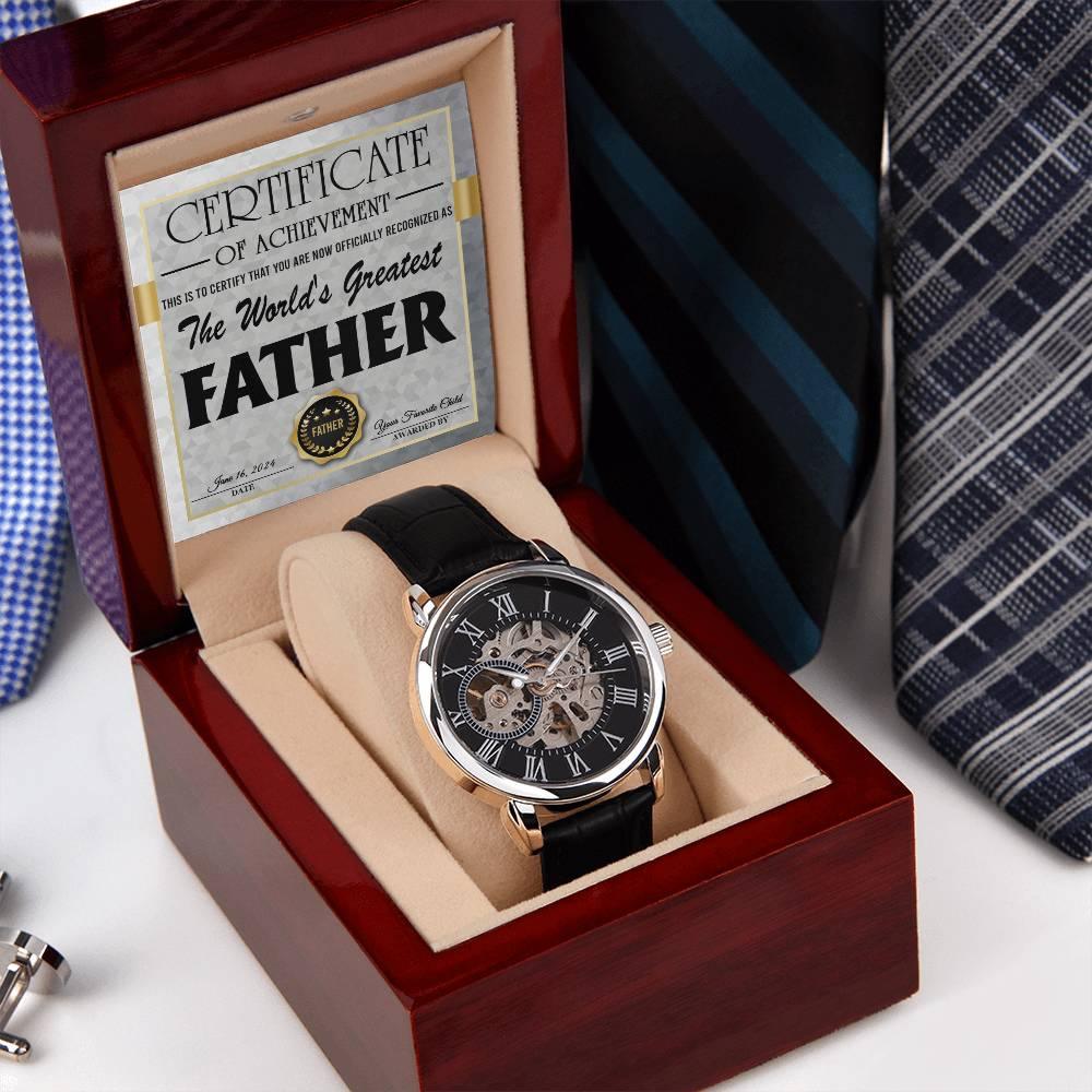 Dad Certificate of Achievement for the World's Greatest Father Men's Openwork Watch with Gift Box - Mallard Moon Gift Shop