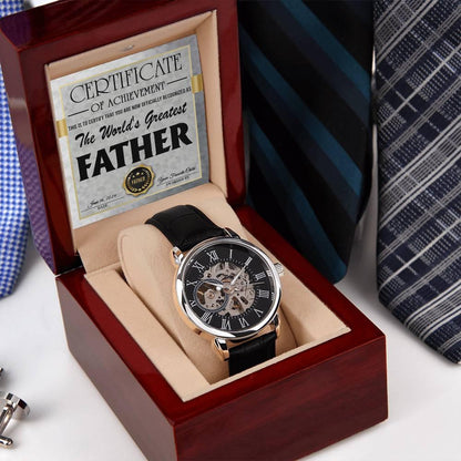 Dad Certificate of Achievement for the World's Greatest Father Men's Openwork Watch with Gift Box - Mallard Moon Gift Shop