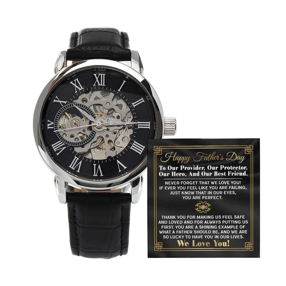 Dad Gift -Our Provider, Protector, Hero, Best Friend Men's Openwork Watch with Gift Box - Mallard Moon Gift Shop