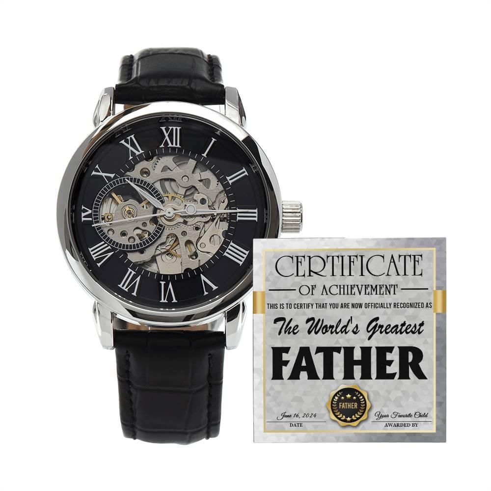 Dad Certificate of Achievement for the World's Greatest Father Men's Openwork Watch with Gift Box - Mallard Moon Gift Shop