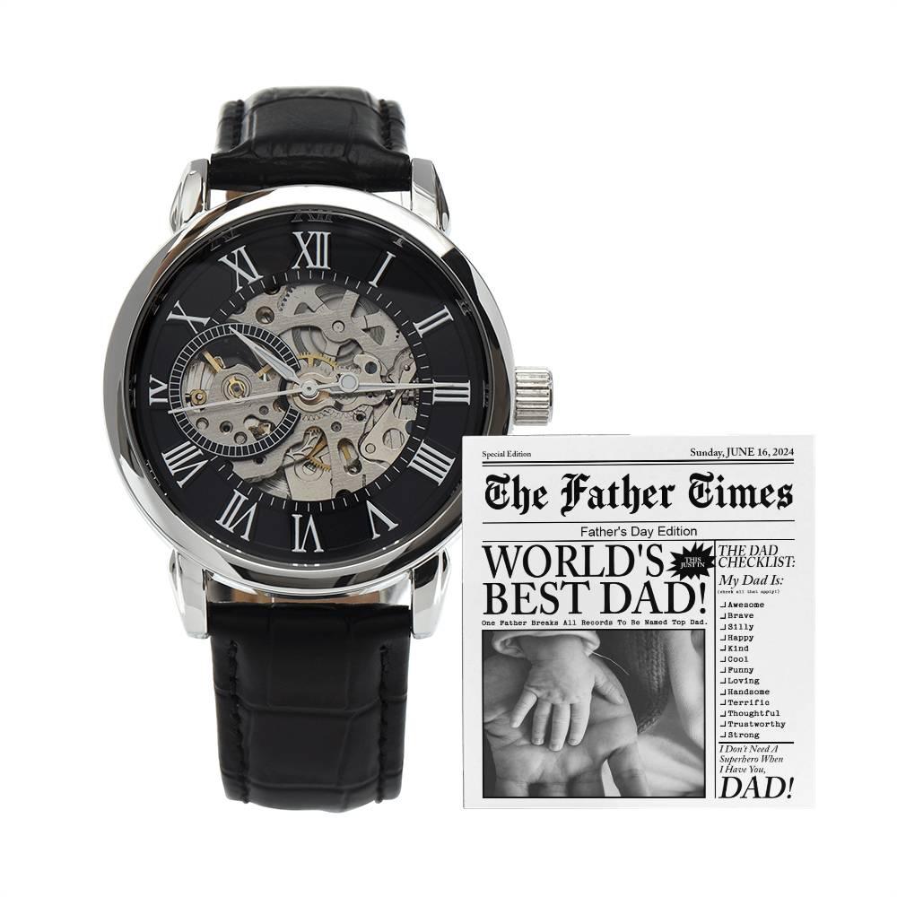 Dad Gift - Headline on The Father Times - World's Best Dad Men's Openwork Watch with Gift Box - Mallard Moon Gift Shop