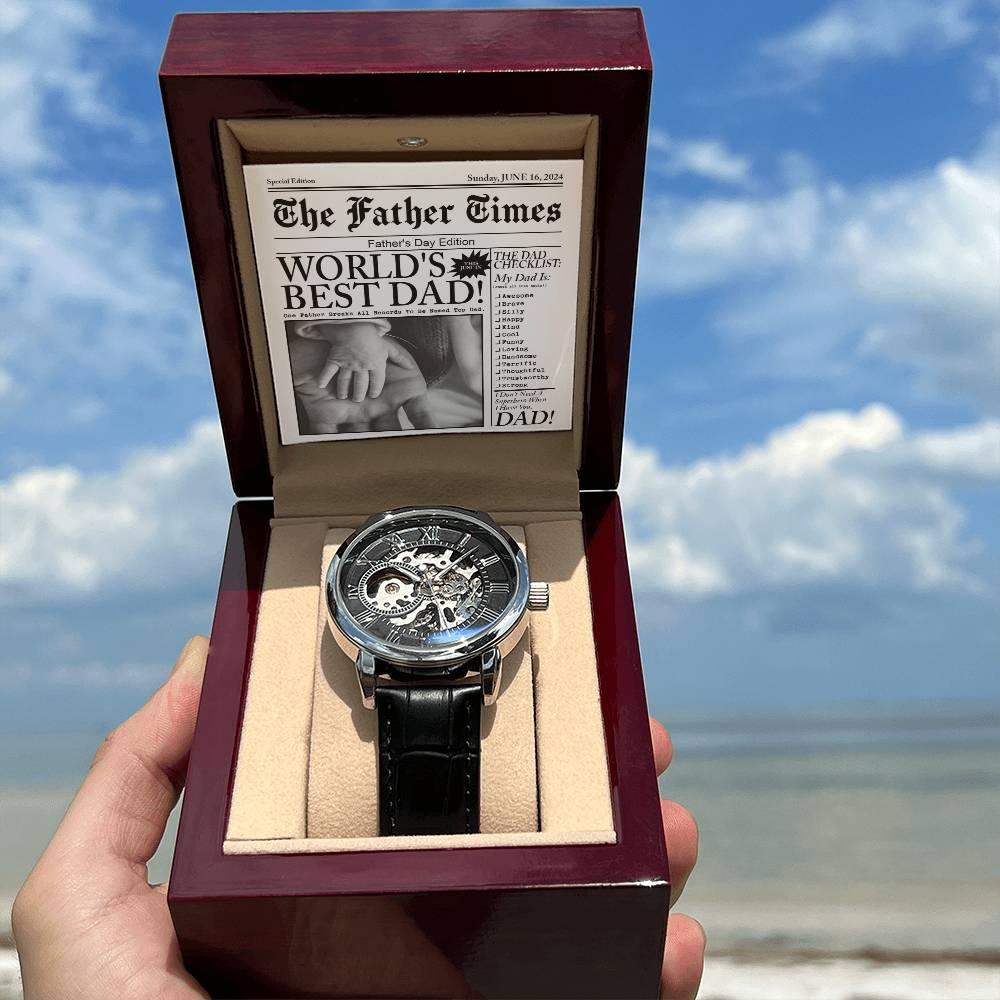 Dad Gift - Headline on The Father Times - World's Best Dad Men's Openwork Watch with Gift Box - Mallard Moon Gift Shop