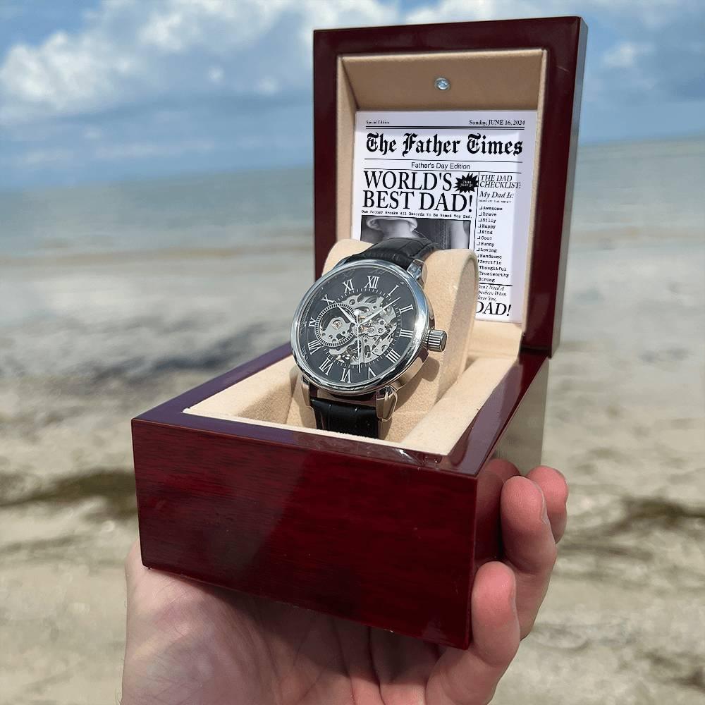 Dad Gift - Headline on The Father Times - World's Best Dad Men's Openwork Watch with Gift Box - Mallard Moon Gift Shop