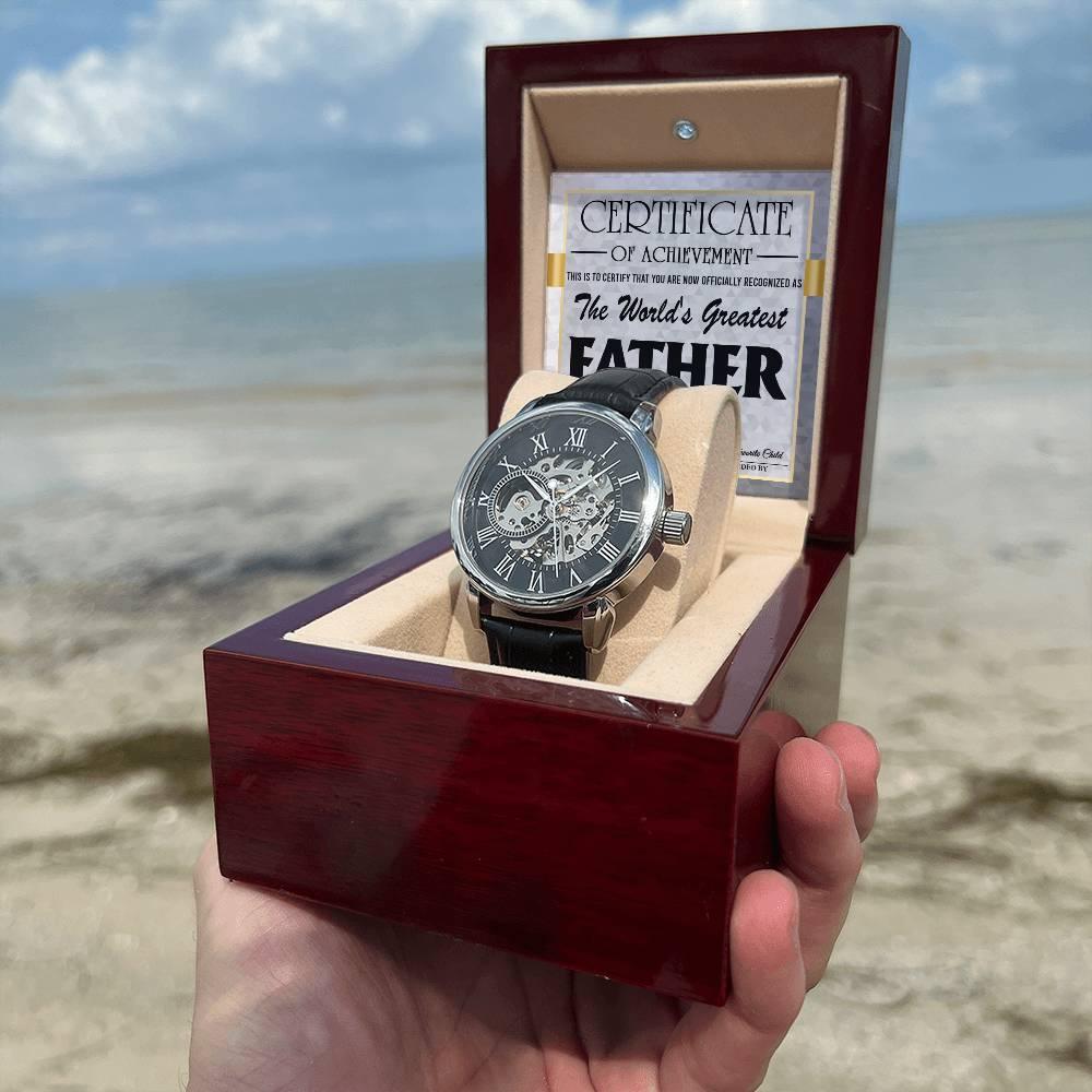 Dad Certificate of Achievement for the World's Greatest Father Men's Openwork Watch with Gift Box - Mallard Moon Gift Shop
