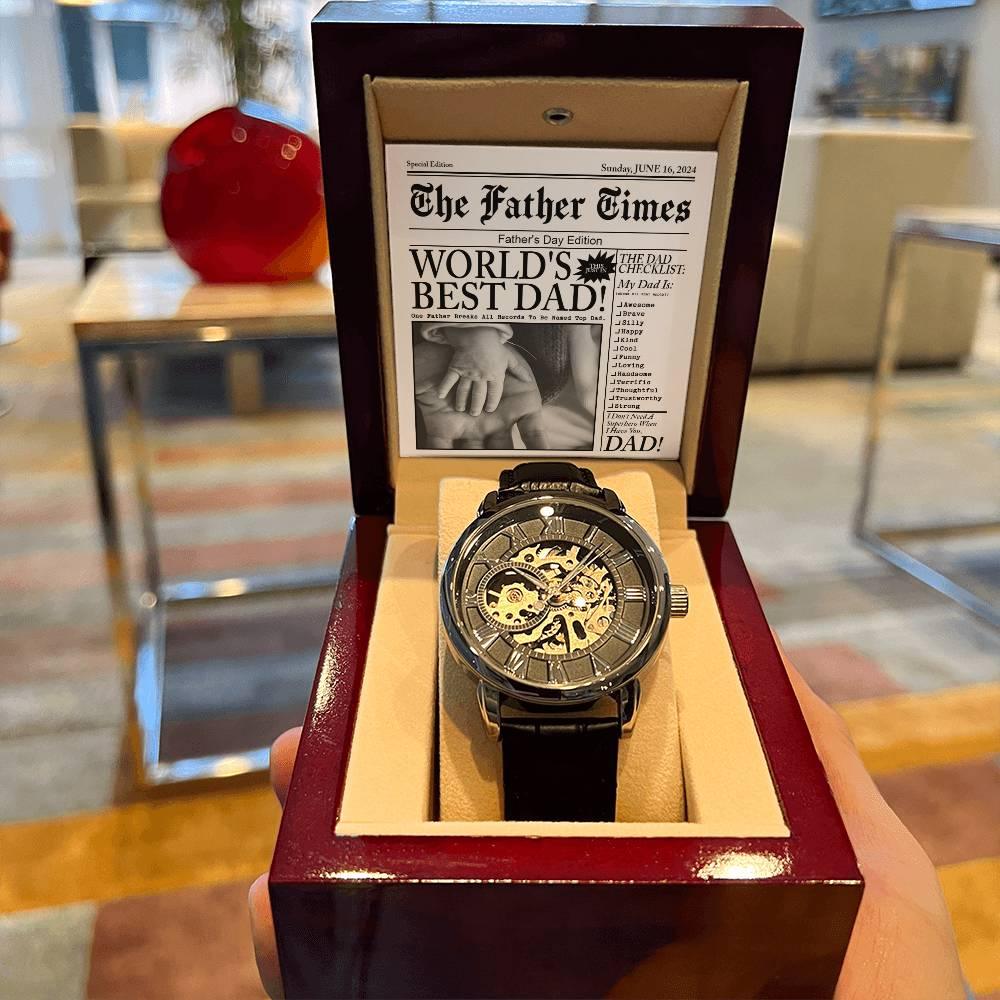Dad Gift - Headline on The Father Times - World's Best Dad Men's Openwork Watch with Gift Box - Mallard Moon Gift Shop