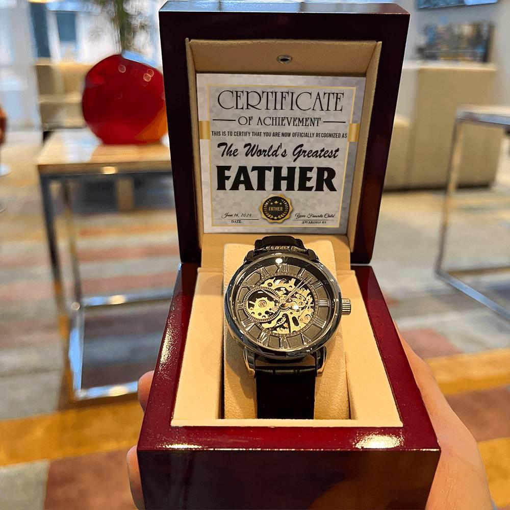 Dad Certificate of Achievement for the World's Greatest Father Men's Openwork Watch with Gift Box - Mallard Moon Gift Shop