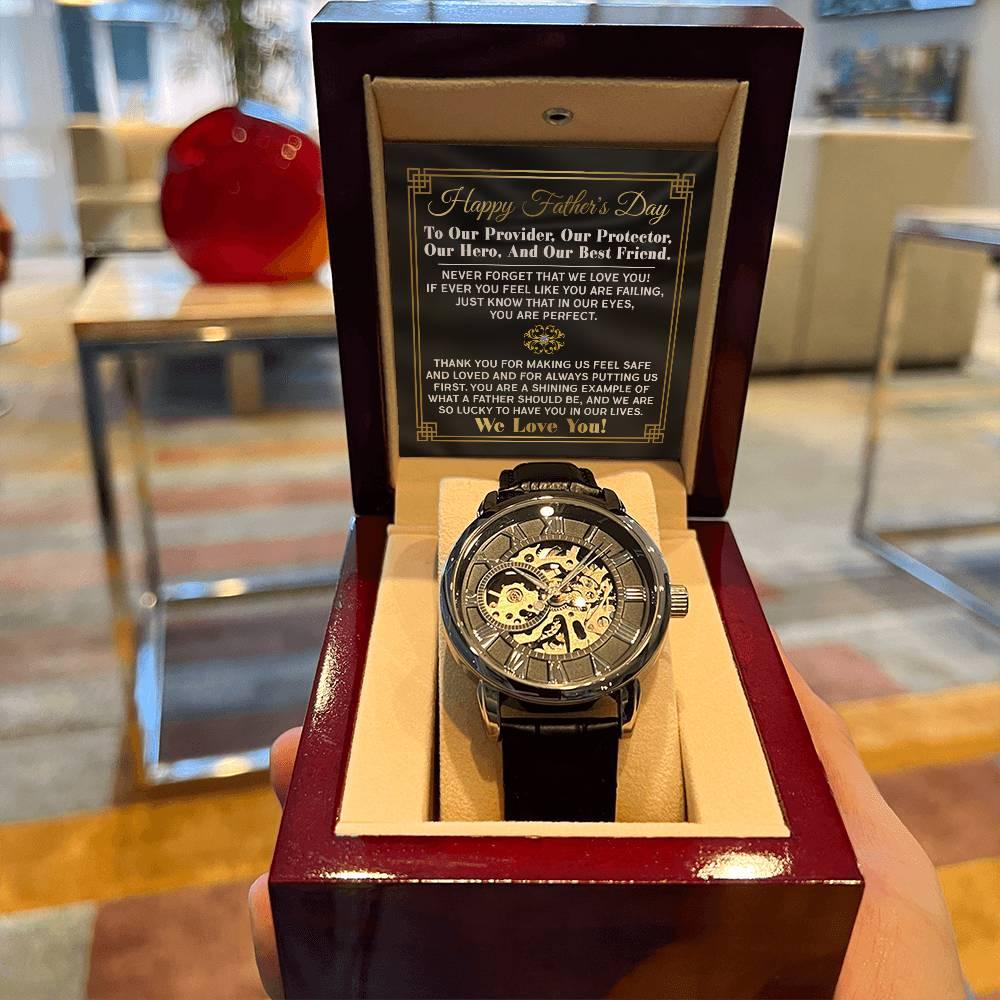Dad Gift -Our Provider, Protector, Hero, Best Friend Men's Openwork Watch with Gift Box - Mallard Moon Gift Shop