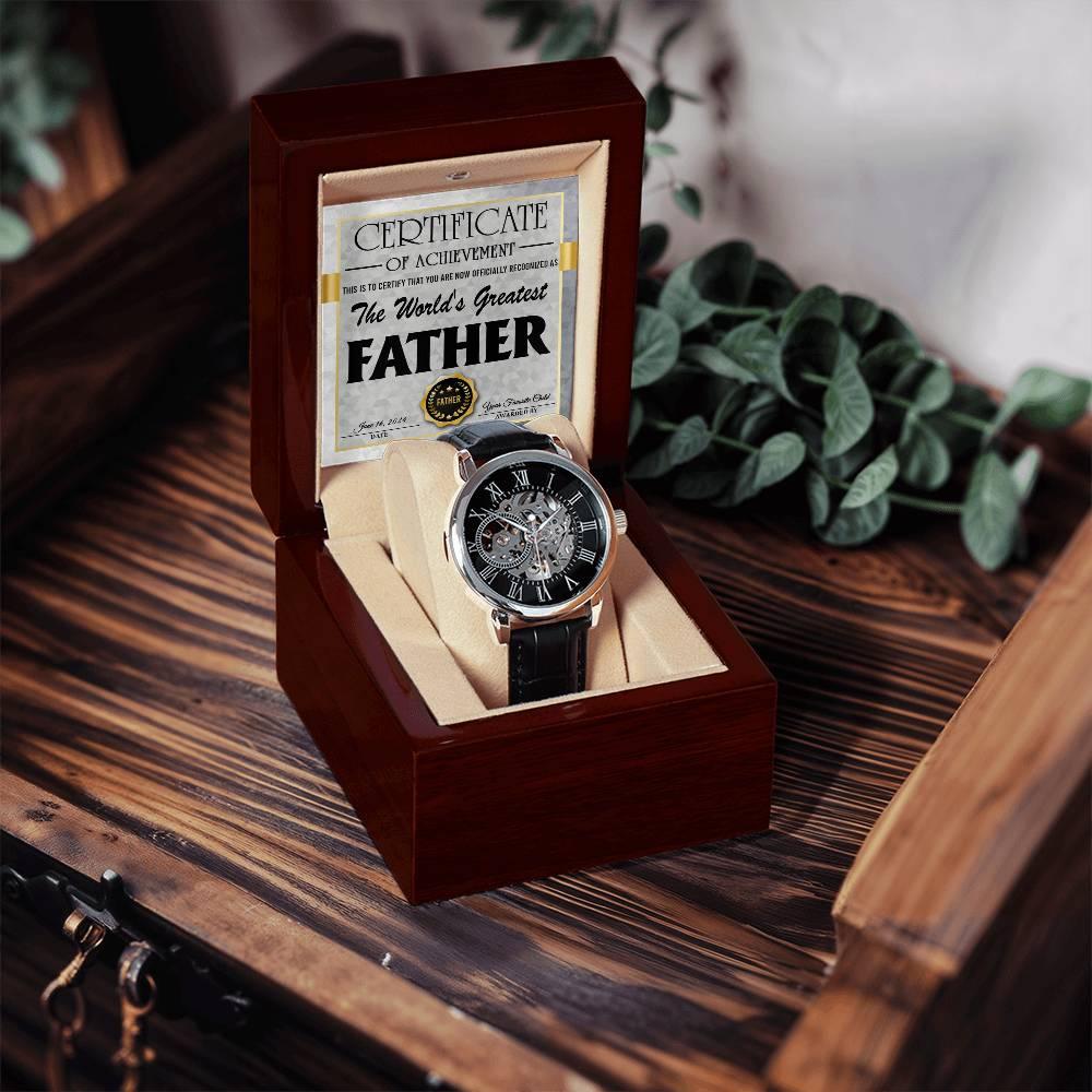 Dad Certificate of Achievement for the World's Greatest Father Men's Openwork Watch with Gift Box - Mallard Moon Gift Shop