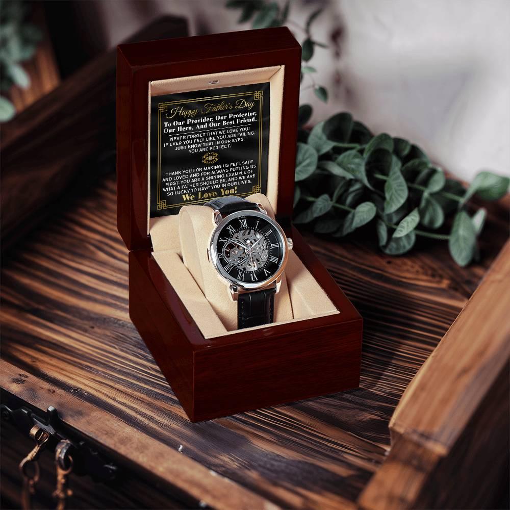 Dad Gift -Our Provider, Protector, Hero, Best Friend Men's Openwork Watch with Gift Box - Mallard Moon Gift Shop