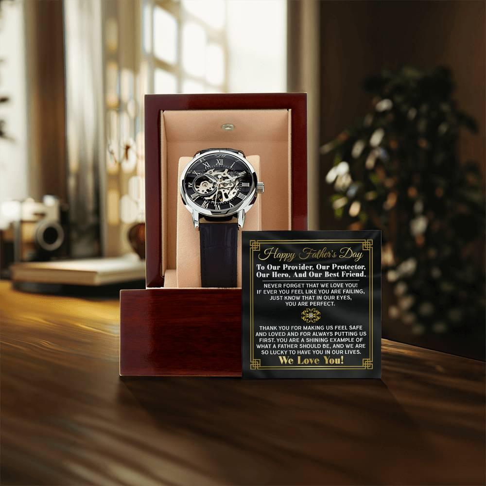 Dad Gift -Our Provider, Protector, Hero, Best Friend Men's Openwork Watch with Gift Box - Mallard Moon Gift Shop