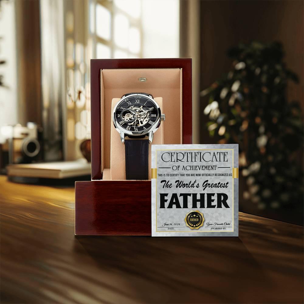 Dad Certificate of Achievement for the World's Greatest Father Men's Openwork Watch with Gift Box - Mallard Moon Gift Shop