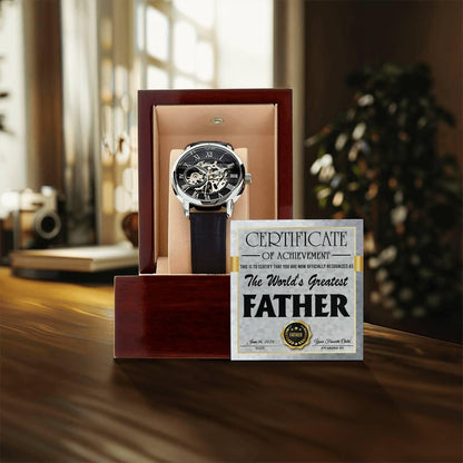 Dad Certificate of Achievement for the World's Greatest Father Men's Openwork Watch with Gift Box - Mallard Moon Gift Shop