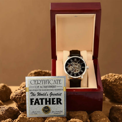 Dad Certificate of Achievement for the World's Greatest Father Men's Openwork Watch with Gift Box - Mallard Moon Gift Shop