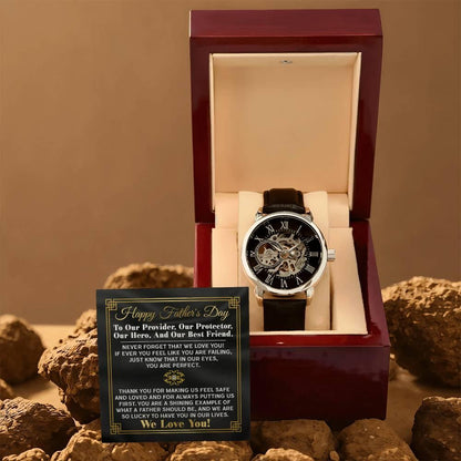 Dad Gift -Our Provider, Protector, Hero, Best Friend Men's Openwork Watch with Gift Box - Mallard Moon Gift Shop