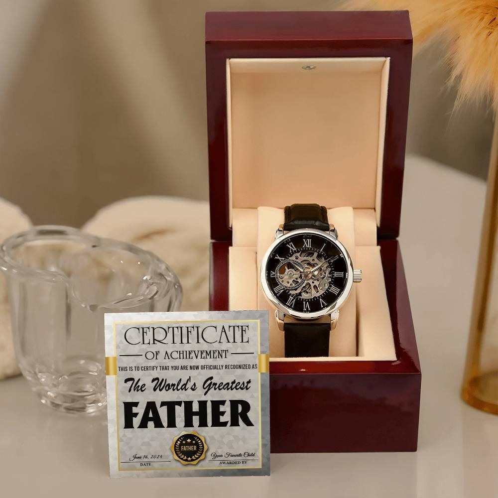 Dad Certificate of Achievement for the World's Greatest Father Men's Openwork Watch with Gift Box - Mallard Moon Gift Shop