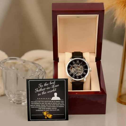 To the Best Father-In-Law My Bonus Dad, My Best Friend Men's Openwork Watch with Gift Box - Mallard Moon Gift Shop