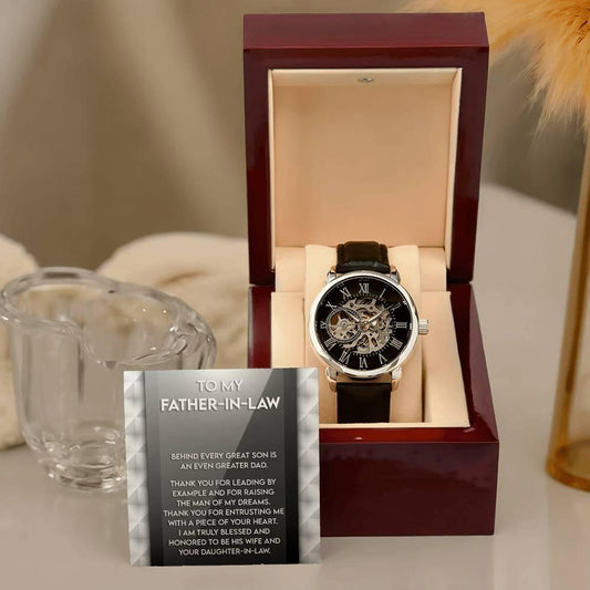 To My Father-in-Law Behind every Great Son is an Even Greater Dad Men's Openwork Watch with Gift Box - Mallard Moon Gift Shop