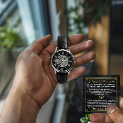 Dad Gift -Our Provider, Protector, Hero, Best Friend Men's Openwork Watch with Gift Box - Mallard Moon Gift Shop