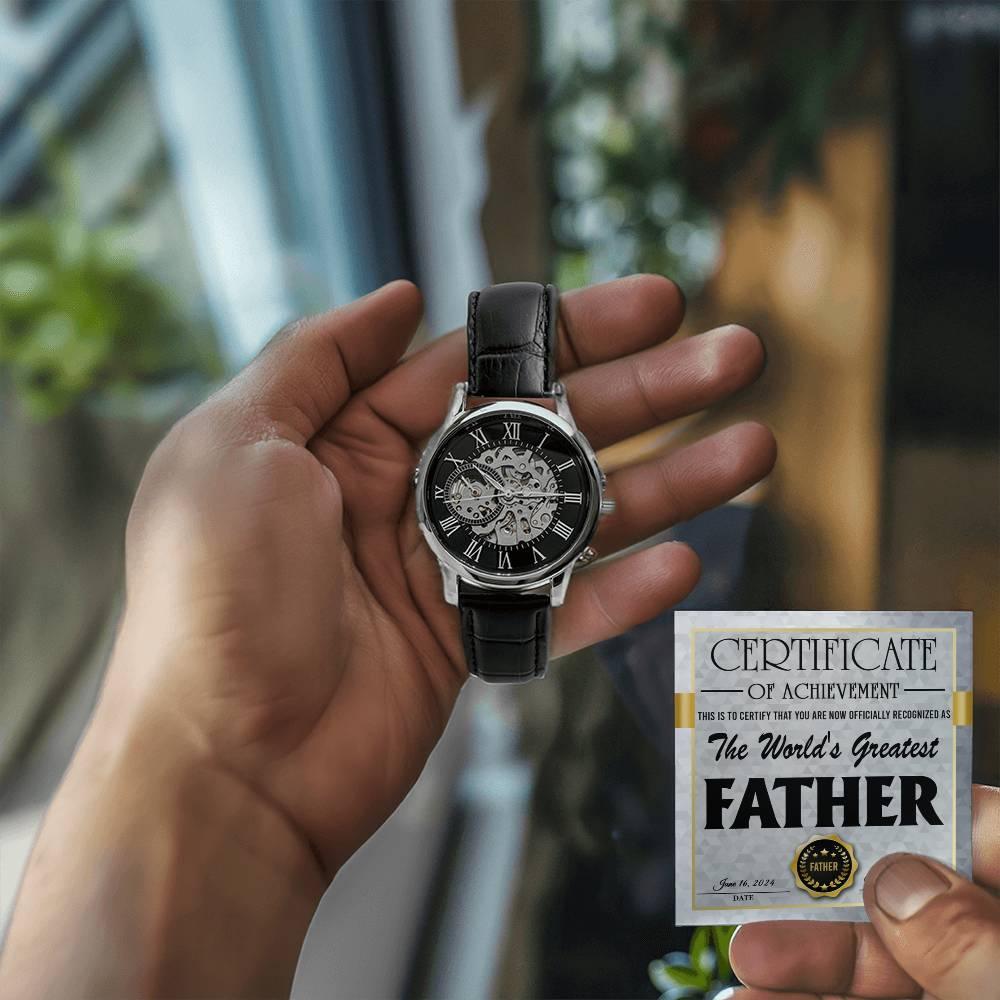 Dad Certificate of Achievement for the World's Greatest Father Men's Openwork Watch with Gift Box - Mallard Moon Gift Shop