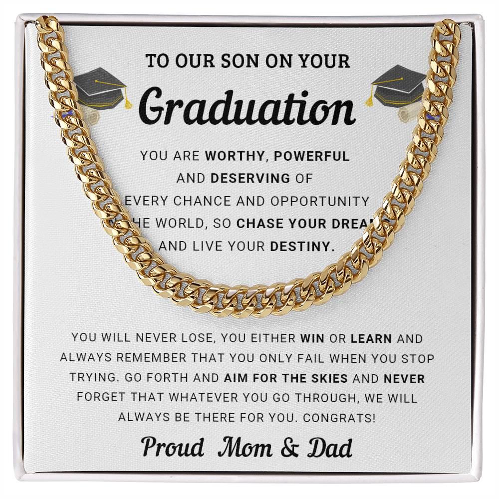 Graduation Gift for Son From Mom and Dad - Chase Your Dreams and Live Your Destiny - Cuban Chain Link Necklace - Mallard Moon Gift Shop