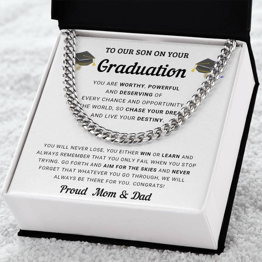 Graduation Gift for Son From Mom and Dad - Chase Your Dreams and Live Your Destiny - Cuban Chain Link Necklace - Mallard Moon Gift Shop