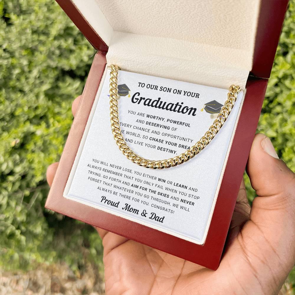 Graduation Gift for Son From Mom and Dad - Chase Your Dreams and Live Your Destiny - Cuban Chain Link Necklace - Mallard Moon Gift Shop