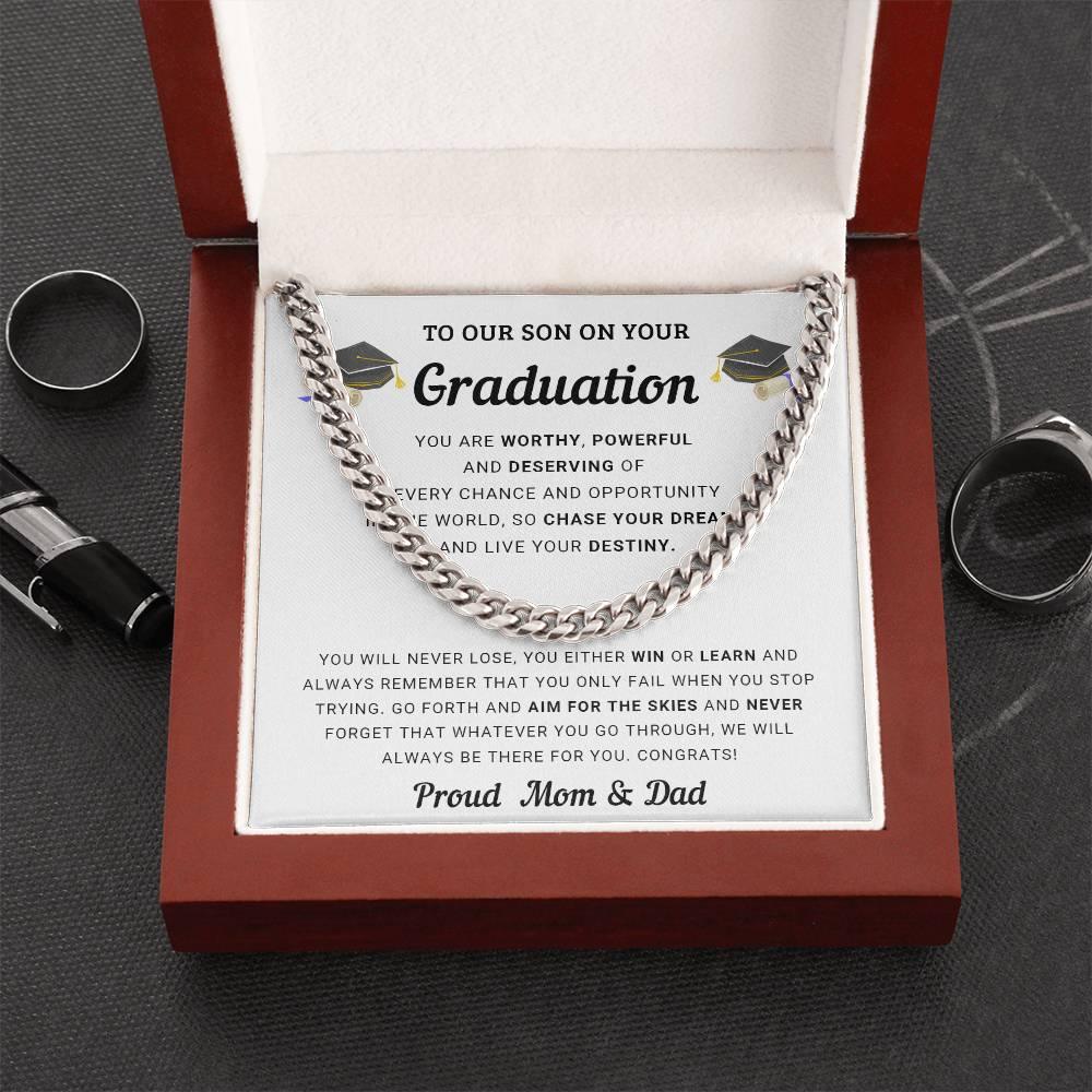 Graduation Gift for Son From Mom and Dad - Chase Your Dreams and Live Your Destiny - Cuban Chain Link Necklace - Mallard Moon Gift Shop