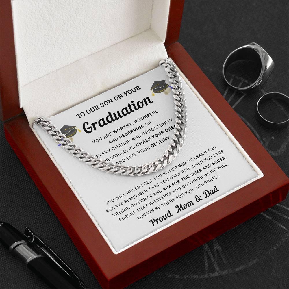 Graduation Gift for Son From Mom and Dad - Chase Your Dreams and Live Your Destiny - Cuban Chain Link Necklace - Mallard Moon Gift Shop