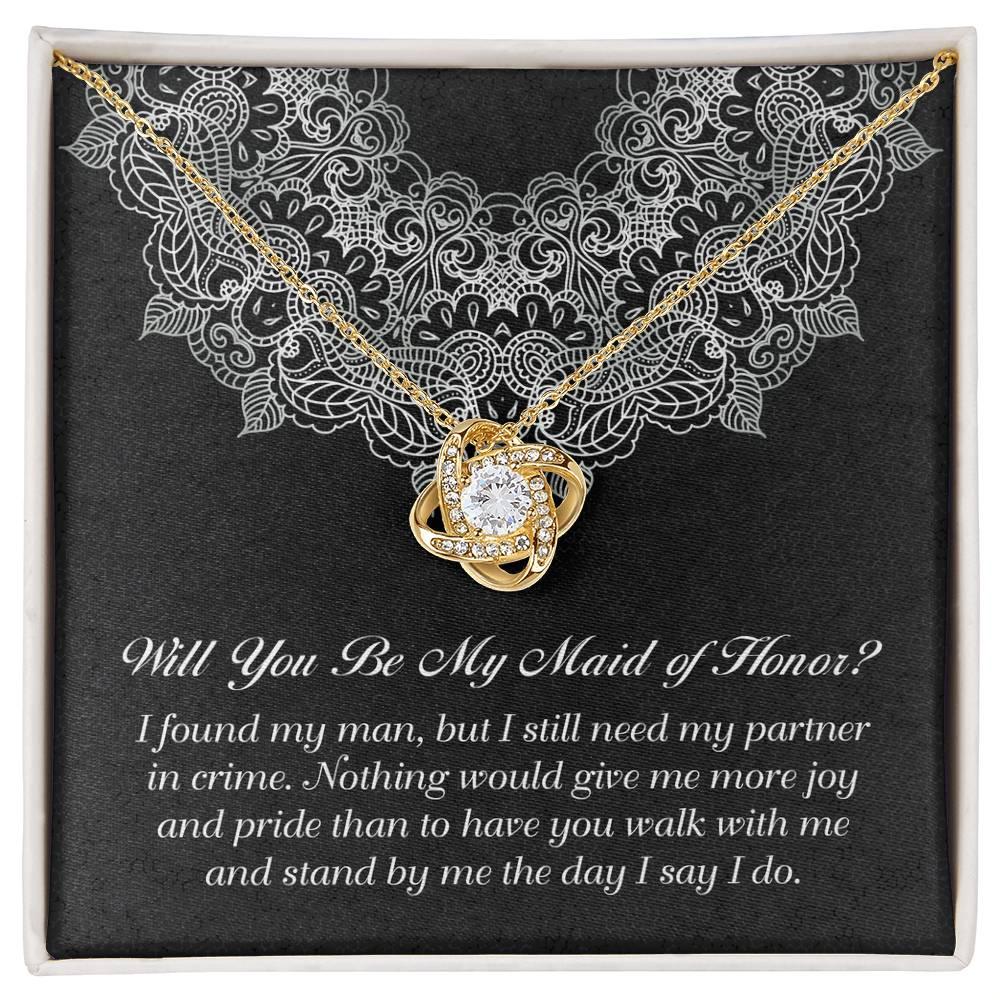 Maid of Honor Wedding Proposal Gift - Partner In Crime - Love Knot Pendant Necklace - Mallard Moon Gift Shop