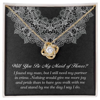 Maid of Honor Wedding Proposal Gift - Partner In Crime - Love Knot Pendant Necklace - Mallard Moon Gift Shop