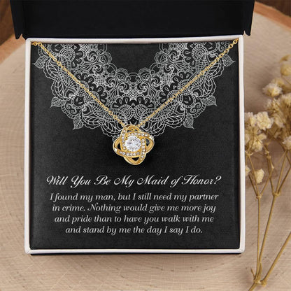 Maid of Honor Wedding Proposal Gift - Partner In Crime - Love Knot Pendant Necklace - Mallard Moon Gift Shop