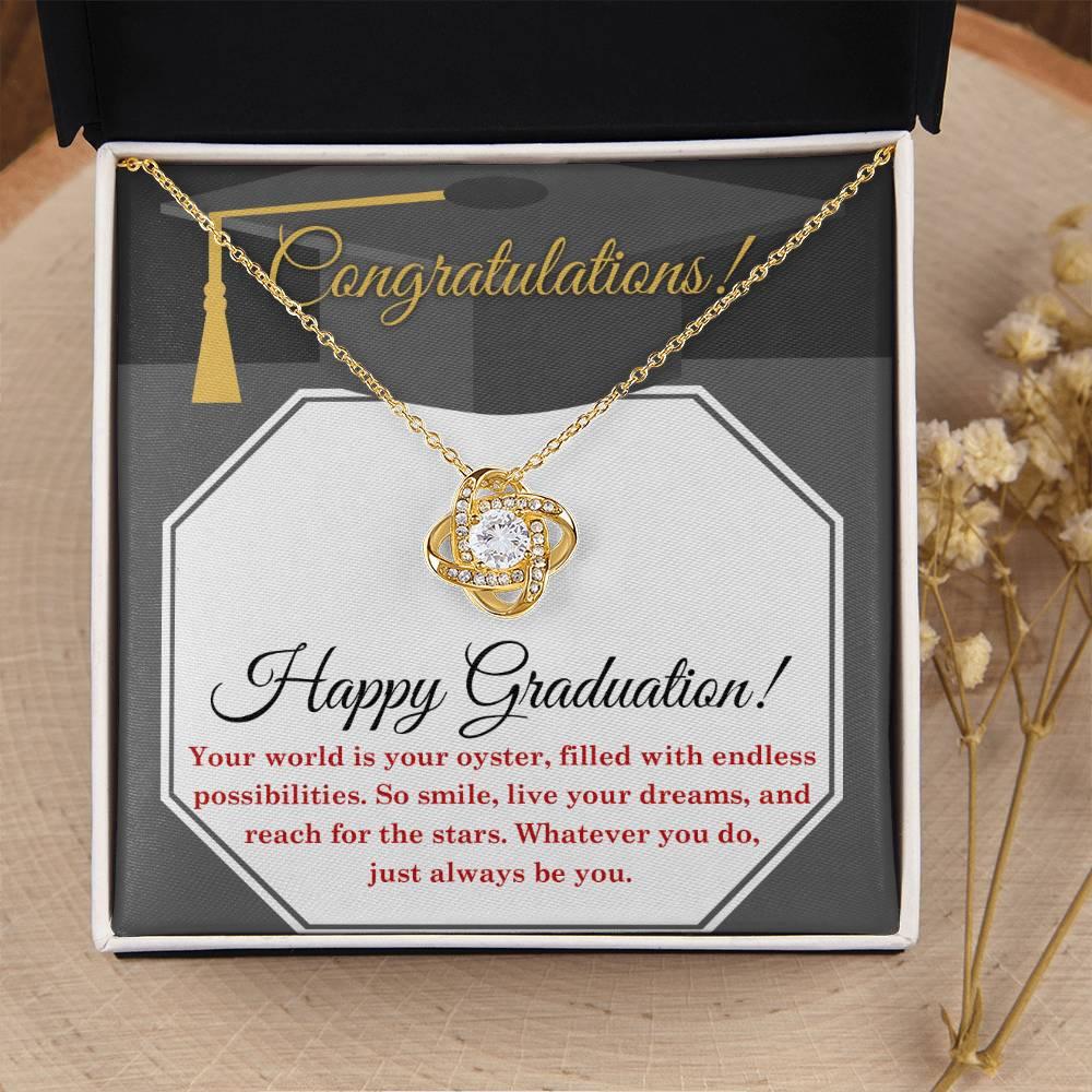Happy Graduation-Your World is your Oyster Love Knot Pendant Necklace - Mallard Moon Gift Shop