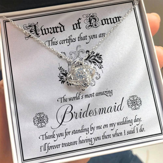 Bridesmaid Wedding Day Gift - Award Of Honor Thank You Card with Love Knot Pendant Necklace - Mallard Moon Gift Shop