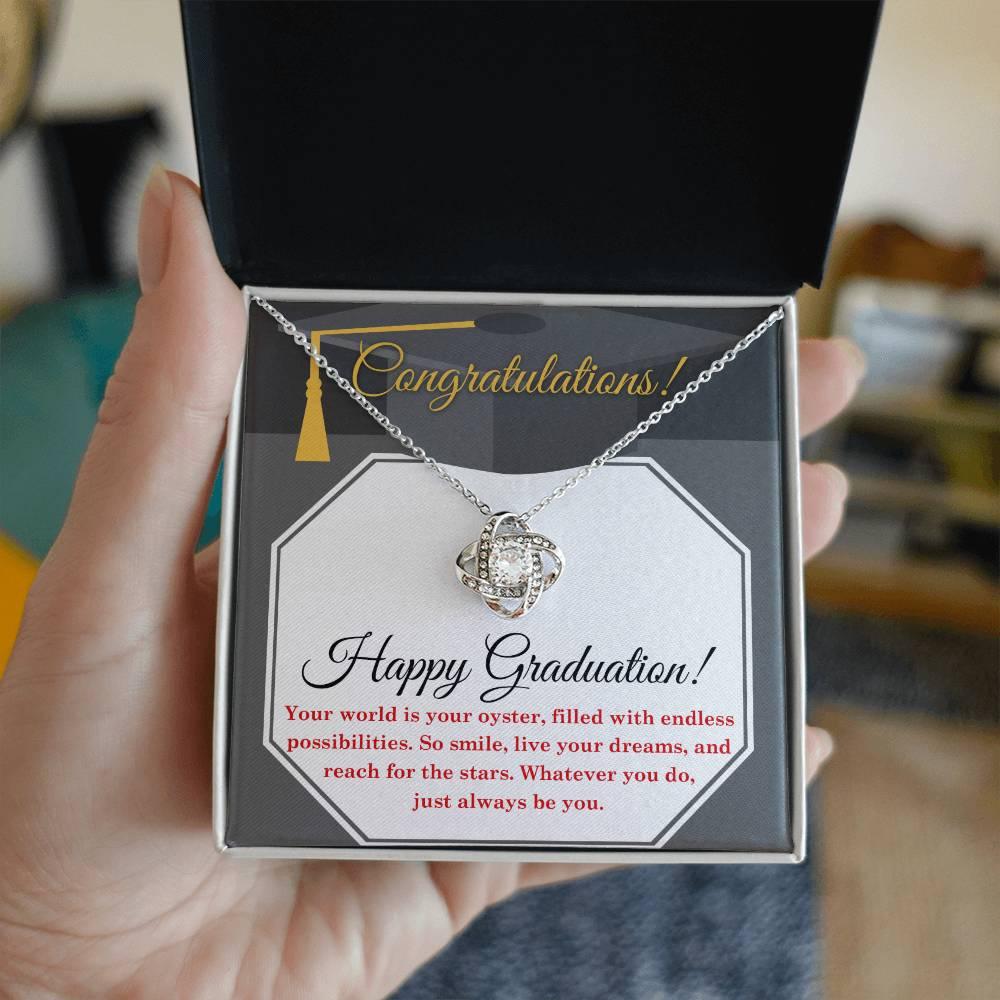 Happy Graduation-Your World is your Oyster Love Knot Pendant Necklace - Mallard Moon Gift Shop