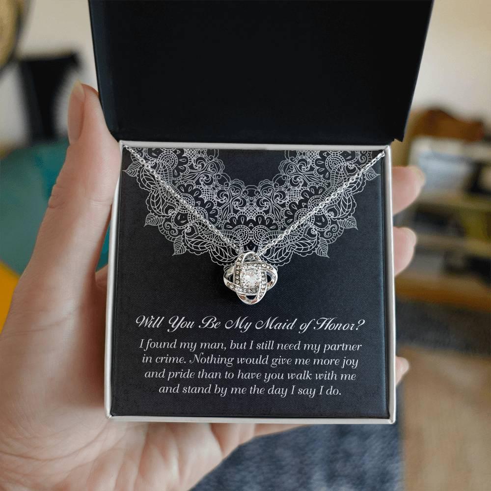 Maid of Honor Wedding Proposal Gift - Partner In Crime - Love Knot Pendant Necklace - Mallard Moon Gift Shop
