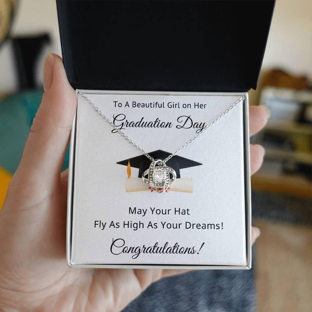 To A Beautiful Girl on Her Graduation Day Congratulations May Your Hat Fly High As Your Dreams Love Knot Pendant Necklace - Mallard Moon Gift Shop