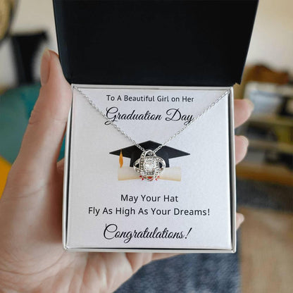 To A Beautiful Girl on Her Graduation Day Congratulations May Your Hat Fly High As Your Dreams Love Knot Pendant Necklace - Mallard Moon Gift Shop