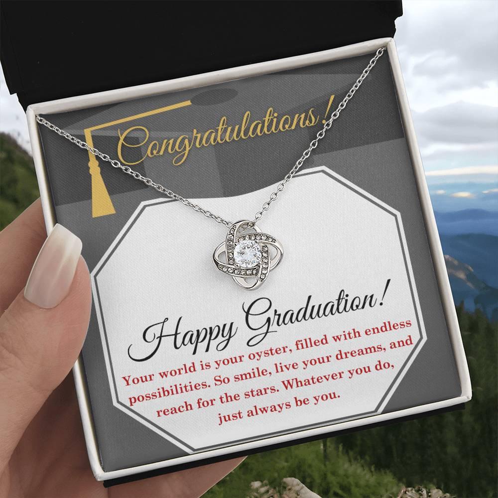 Happy Graduation-Your World is your Oyster Love Knot Pendant Necklace - Mallard Moon Gift Shop