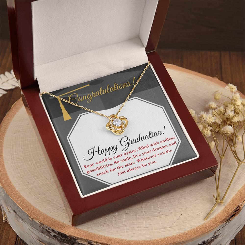 Happy Graduation-Your World is your Oyster Love Knot Pendant Necklace - Mallard Moon Gift Shop