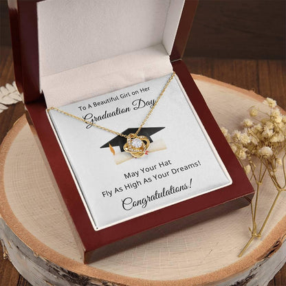 To A Beautiful Girl on Her Graduation Day Congratulations May Your Hat Fly High As Your Dreams Love Knot Pendant Necklace - Mallard Moon Gift Shop