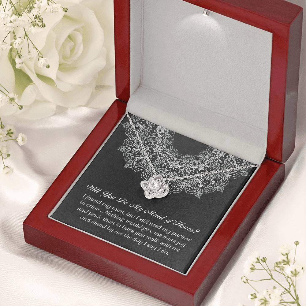 Maid of Honor Wedding Proposal Gift - Partner In Crime - Love Knot Pendant Necklace - Mallard Moon Gift Shop