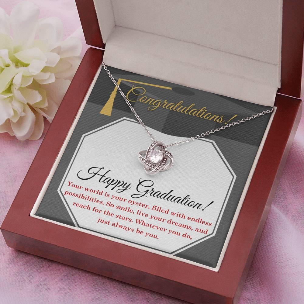 Happy Graduation-Your World is your Oyster Love Knot Pendant Necklace - Mallard Moon Gift Shop