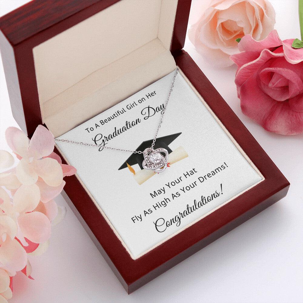 To A Beautiful Girl on Her Graduation Day Congratulations May Your Hat Fly High As Your Dreams Love Knot Pendant Necklace - Mallard Moon Gift Shop